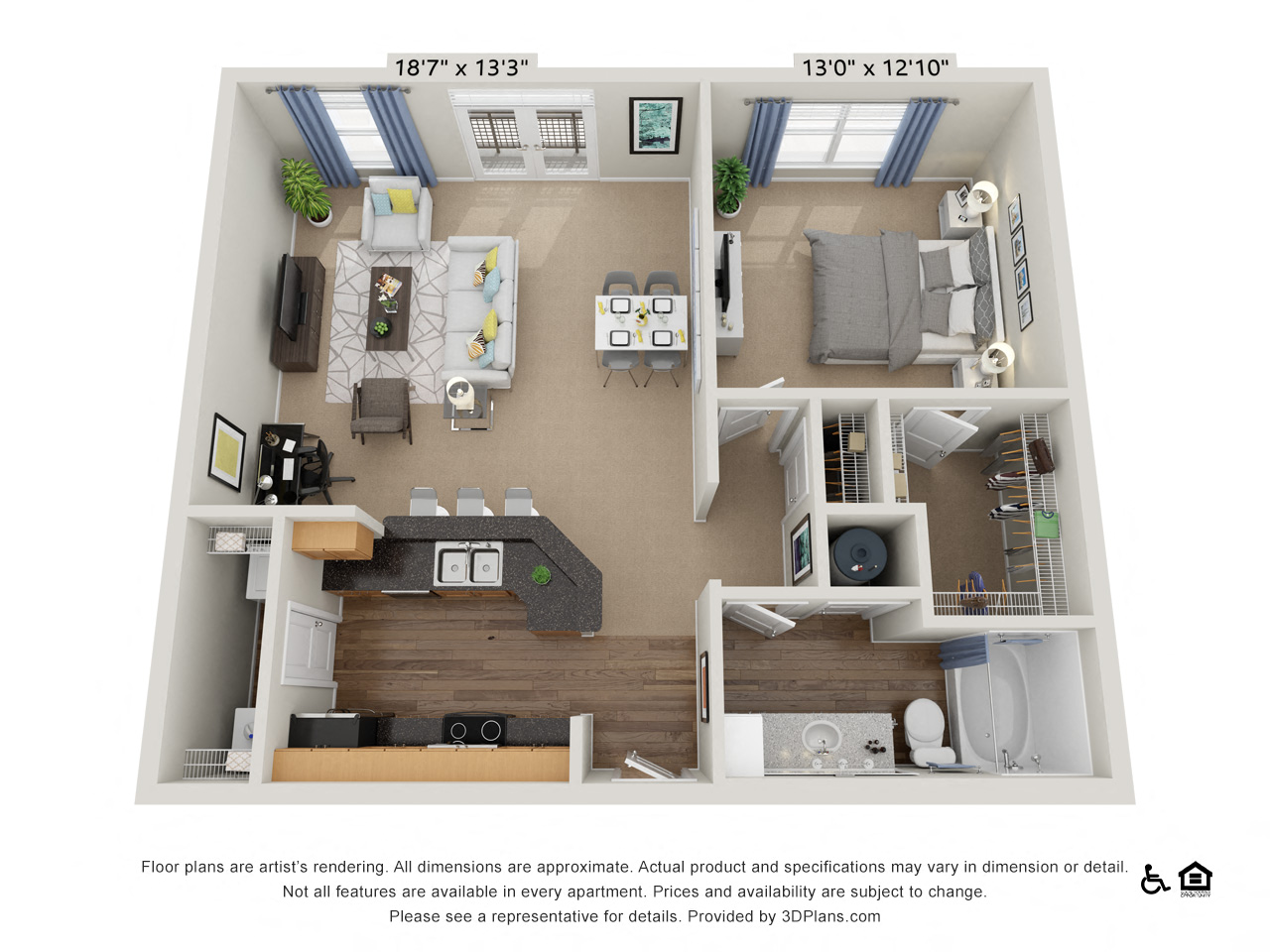 Floor plan for 1 bed, 1 bath, 910 sqft